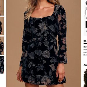 Black Floral Print Velvet Long Sleeve Mini Dress